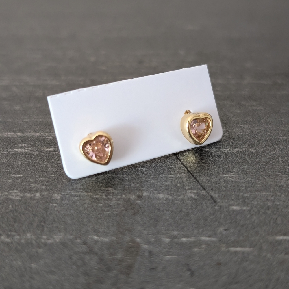 18k Gold Heart Micro Stud Earrings with Pink CZ